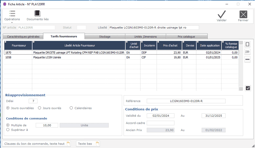 Une fiche article dans le logiciel ERP HexaOpale
